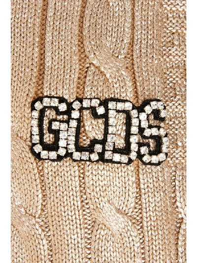 Shop Gcds Logo Embellished Cable Knit Cardigan In Gold