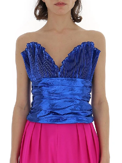 Shop Attico Metallic Sweetheart Pleated Top In Blue