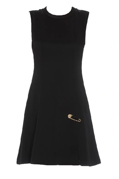 Shop Versace Safety Pin Logo Detail Flared Dress In Black