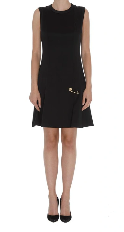 Shop Versace Safety Pin Logo Detail Flared Dress In Black