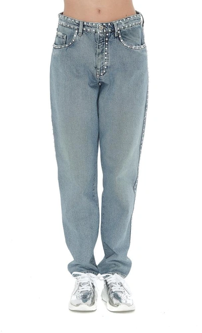 Shop Miu Miu Embellished Straight Leg Jeans In Blue