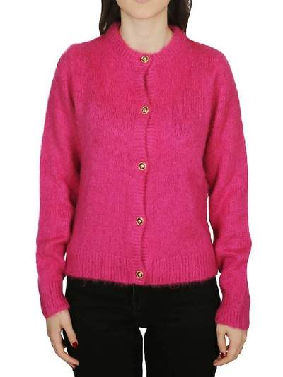 Shop Versace Medusa Embellished Button Cardigan In Pink