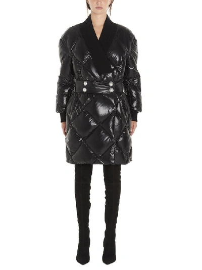 Shop Balmain Belted Quilted Down Jacket In Black