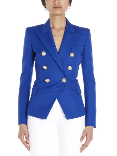 Shop Balmain Double Breasted Blazer In Blue