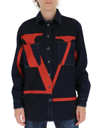 Shop Valentino Vlogo Printed Denim Shirt In Navy