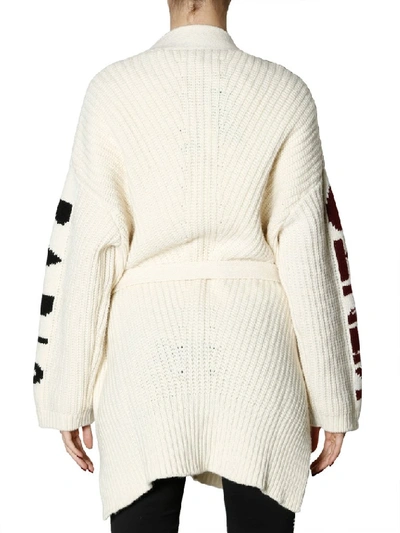 Shop Kenzo Logo Belted Long Chunky Knit Cardigan In White