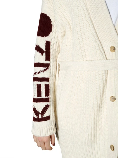 Shop Kenzo Logo Belted Long Chunky Knit Cardigan In White