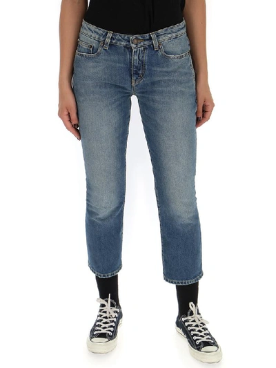 Shop Saint Laurent Cropped Low Waist Jeans In Blue