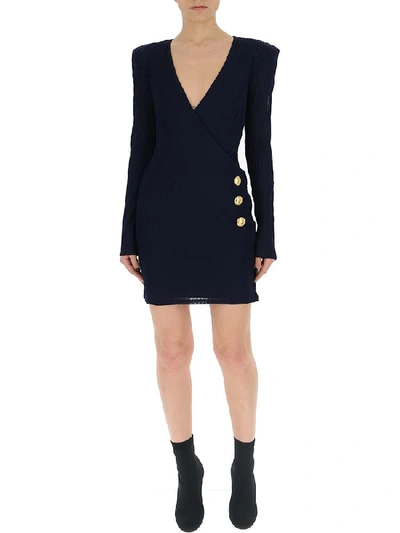 Shop Balmain Ribbed Wrap Dress In Navy