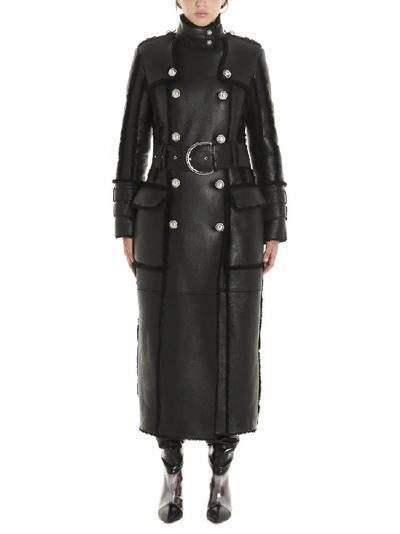 Shop Balmain Belted Double Breasted Shearling Coat In Black