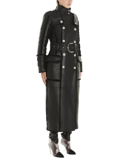 Shop Balmain Belted Double Breasted Shearling Coat In Black