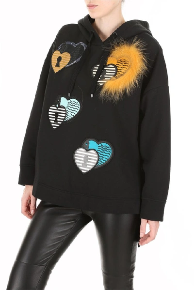 Shop Fendi Fur Sequin Embellished Patches Hoodie In Black