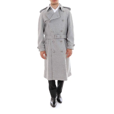 Shop Burberry Double Breasted Belted Trench Coat In Grey