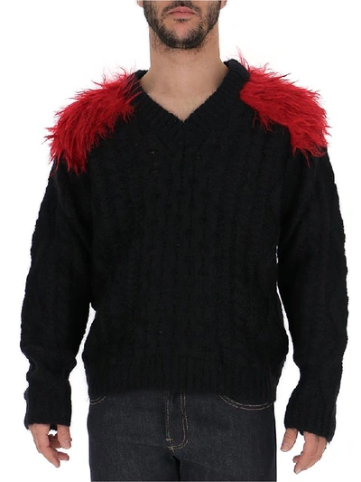 Shop Prada Faux Fur Shoulder Chunky Knit Jumper In Black