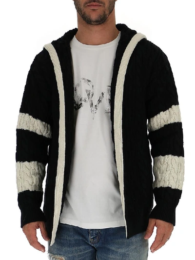 Shop Saint Laurent Hooded Geometric Patterned Cardigan In Multi