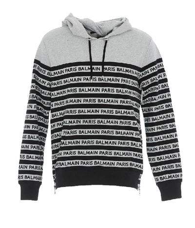 Shop Balmain All Over Logo Striped Hoodie In Grey