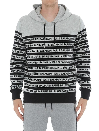 Shop Balmain All Over Logo Striped Hoodie In Grey
