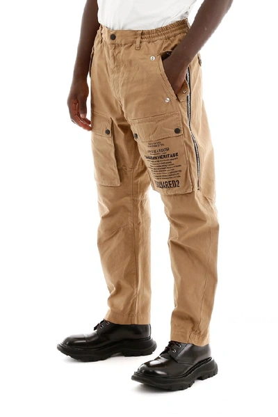 Shop Dsquared2 Printed Pocket Tapered Cargo Pants In Beige