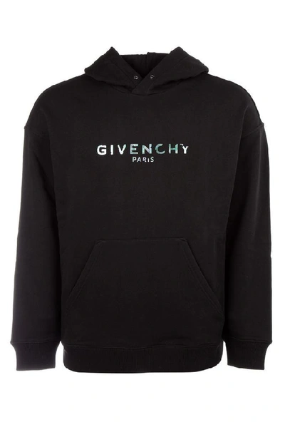 Shop Givenchy Iridescent Logo Print Hoodie In Black