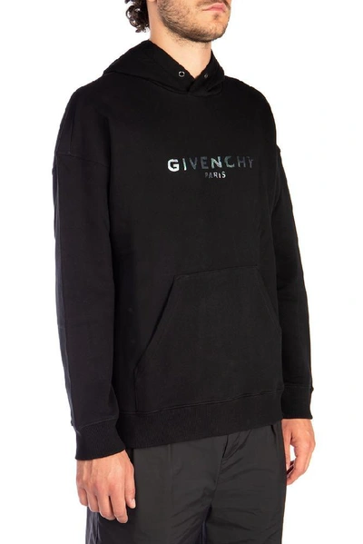 Shop Givenchy Iridescent Logo Print Hoodie In Black