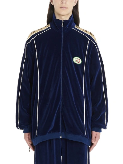 Shop Gucci Chenille Zipped Logo Jacket In Blue