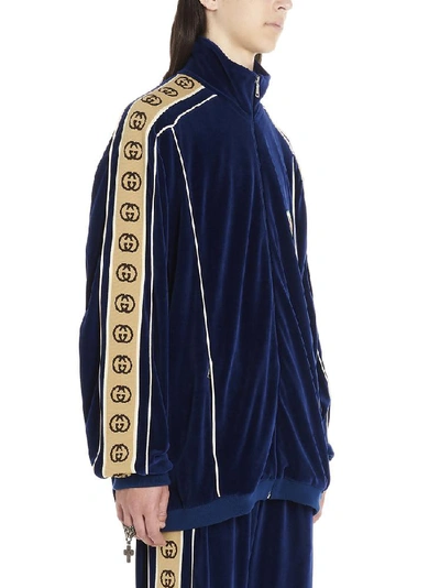 Shop Gucci Chenille Zipped Logo Jacket In Blue