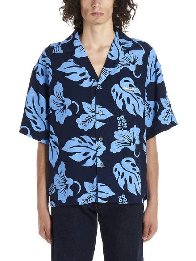 Shop Prada Hawaii Print Logo Patch Shirt In Blue