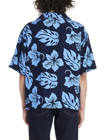 Shop Prada Hawaii Print Logo Patch Shirt In Blue