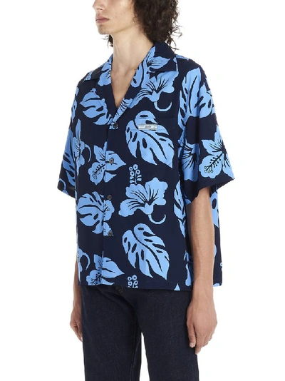 Shop Prada Hawaii Print Logo Patch Shirt In Blue