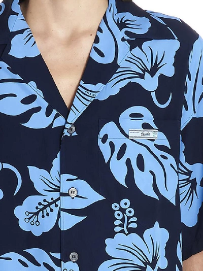 Shop Prada Hawaii Print Logo Patch Shirt In Blue