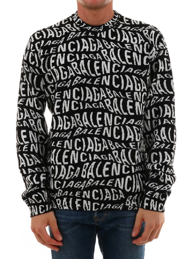 Shop Balenciaga Logo Wave Crewneck Sweater In Black