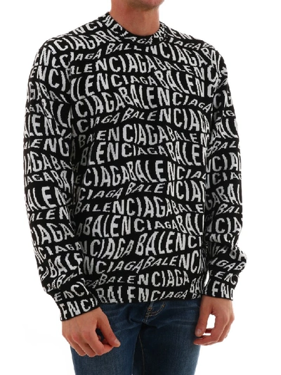 Shop Balenciaga Logo Wave Crewneck Sweater In Black