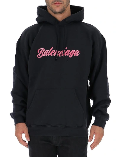 Shop Balenciaga Logo Printed Hoodie In Washed Black/pink