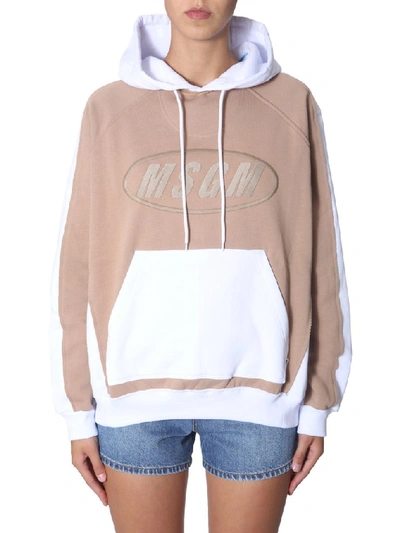 Shop Msgm Embroidered Logo Colour Block Hoodie In White