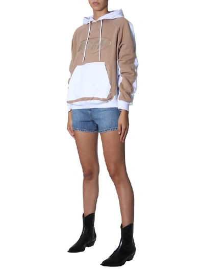 Shop Msgm Embroidered Logo Colour Block Hoodie In White