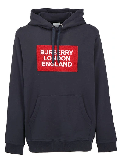 Shop Burberry Logo Drawstring Hoodie In Navy