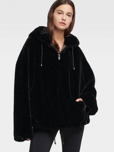 Shop Donna Karan Faux Fur Short Jacket With Hood In Ivory
