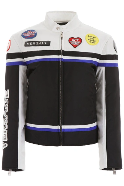 Shop Versace Patch Logo Biker Jacket In Multi