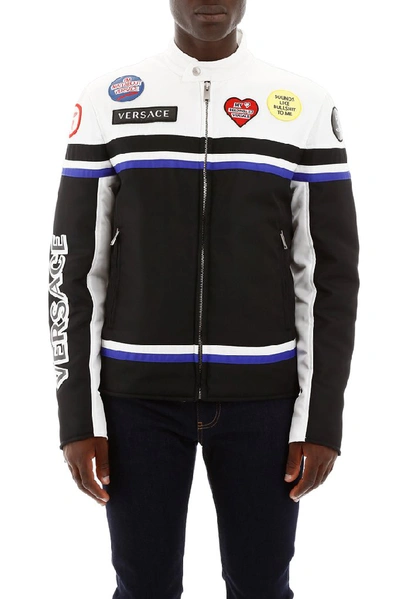 Shop Versace Patch Logo Biker Jacket In Multi