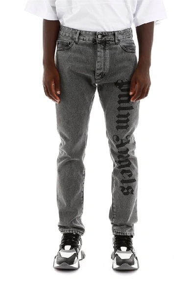 Shop Palm Angels Logo Print Slim Fit Jeans In Grey