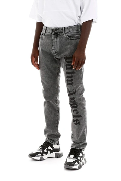 Shop Palm Angels Logo Print Slim Fit Jeans In Grey