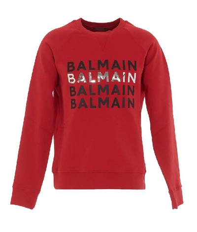 Shop Balmain Logo Print Crewneck Sweatshirt In Red