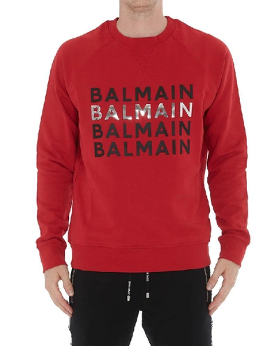 Shop Balmain Logo Print Crewneck Sweatshirt In Red