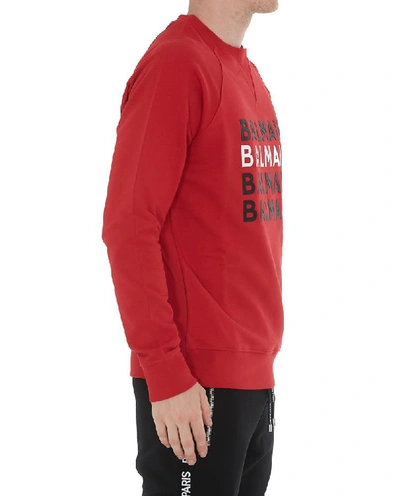 Shop Balmain Logo Print Crewneck Sweatshirt In Red