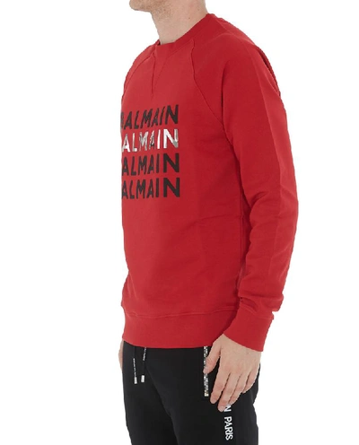 Shop Balmain Logo Print Crewneck Sweatshirt In Red