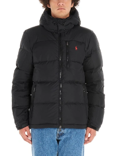 Shop Polo Ralph Lauren Logo Embroidered Hooded Puffer Jacket In Black