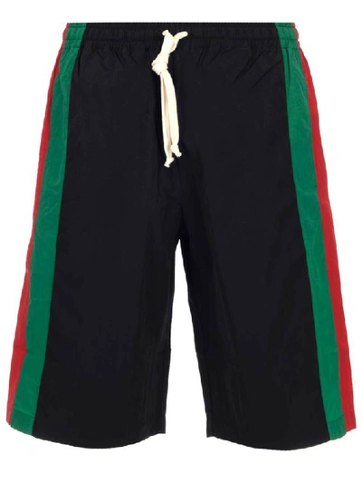 Shop Gucci Gg Logo Patch Striped Bermuda Shorts In Black