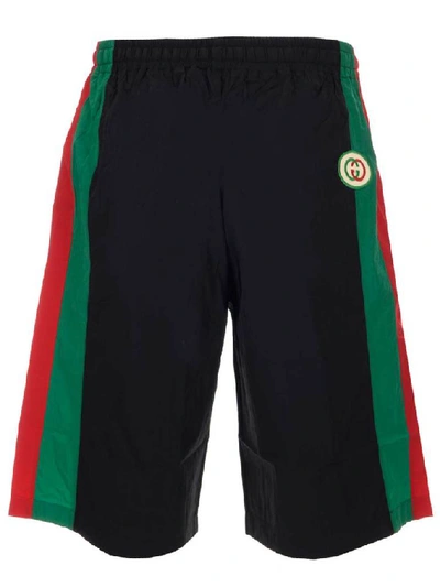 Shop Gucci Gg Logo Patch Striped Bermuda Shorts In Black