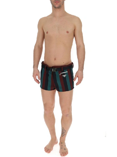 Shop Prada Striped Belted Swim Shorts In Multi