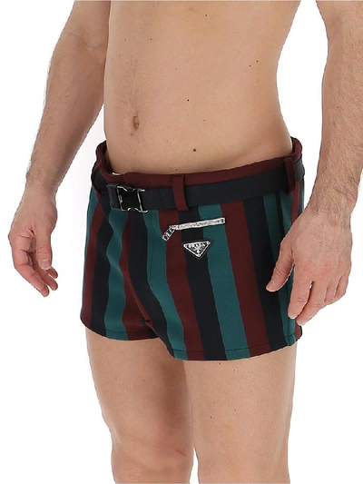 Shop Prada Striped Belted Swim Shorts In Multi